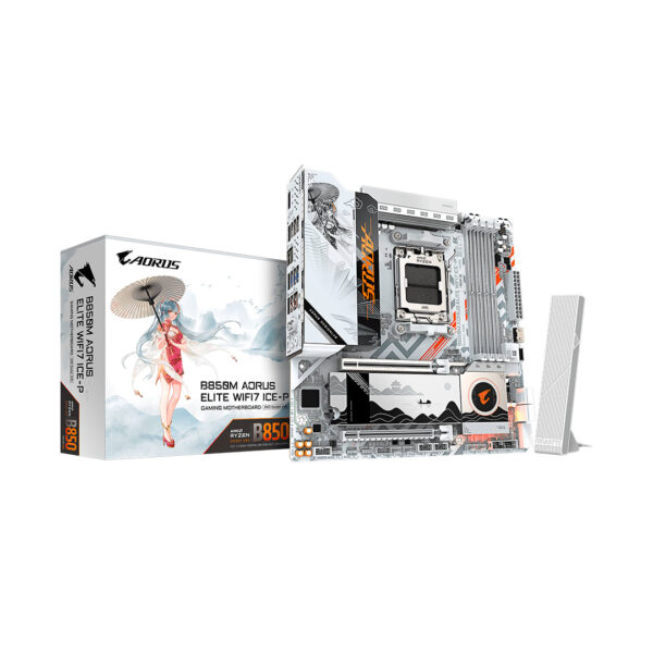 B850M A ELT WF7 ICE-P - Placa madre Aorus, AM5, M-ATX, 4 DIMM DDR5 8200MT/S OC, PCIe 5.0, 2x M.2, X3D Turbo Mode, Wifi 7, Q-Flash Plus, color blanco (Edicion Limitada)