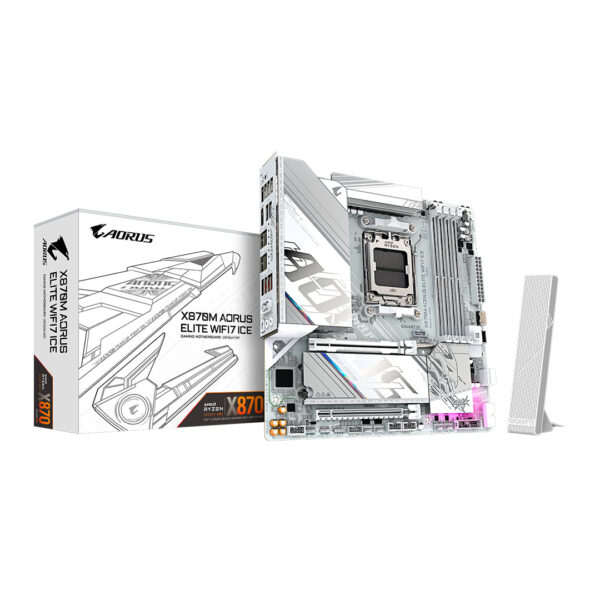 X870M A ELITE WF7 ICE - Placa madre Aorus, AM5, ATX, 4 DIMM DDR5, PCIe 5.0, 1x M.2, WIFI 7 - Bluetooth 5.4, X3D Turbo Mode 2.0, D5 Bionic Corsa, Q-Flash Plus, color blanco